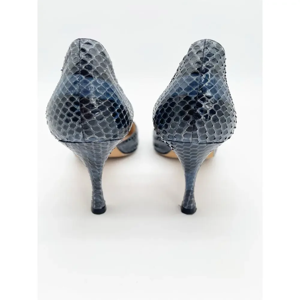 Manolo Blahnik Vintage Blue Python Snakeskin Buckle Pointed Toe Heels IT 39.5
